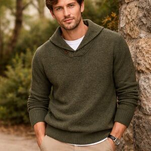 J. Crew Olive Green Shawl Collar Lambswool Pullover Knit Sweater L